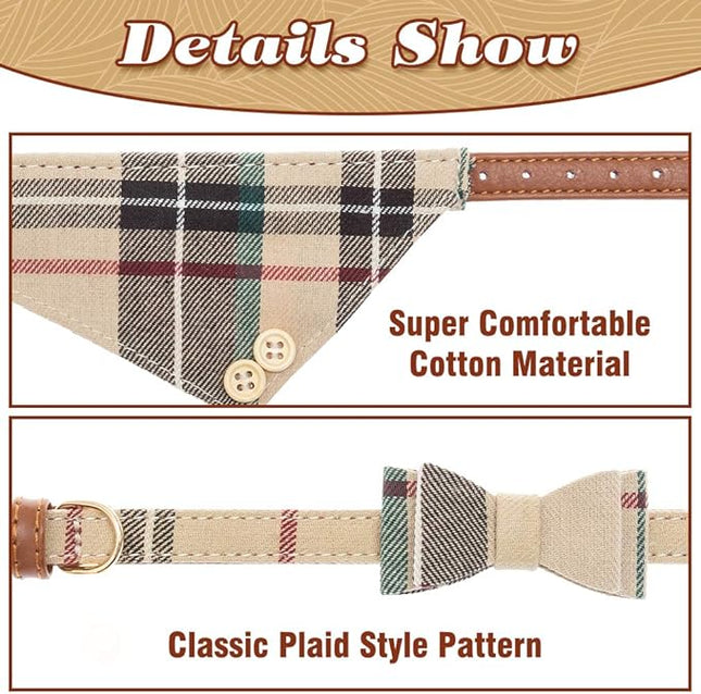 EXPAWLORER Dog Collar and Leash Set - Classic Plaid Dog Bow Tie and Dog Bandana Collar, Dog Leash Tangle Free, Adjustable Collars for Small Medium Large Dogs Cats, Holiday Ideal Gift