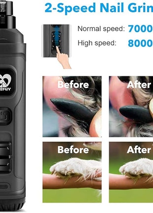 Casfuy Dog Nail Grinder with 2 LED Light - New Version 2-Speed Powerful Electric Pet Nail Trimmer Professional Quiet Painless Paws Grooming & Smoothing for Small Medium Large Dogs and Cats (Grey)