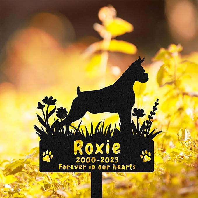 Custom Metal Boxer Dog Memorial Grave Marker Sympathy Garden Stake, Personalized Flowers Boxer Dog Memorial Stake Grave Marker, Customized Boxer Dog Memorial Gifts Pet Loss Stake Headstone