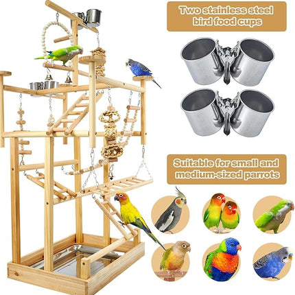 Bird Playground - Natural Wood Parrot Playstand with Perches, Bird Play Gym & Accessories, Removable Tray & 4 Stainless Steel Cups