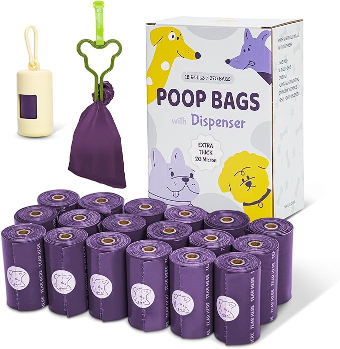 270 Count Scented Dog Poop Bags Rolls, 20 Micron Ultra Thick, Heavy Duty Tear Resistant Leak Proof for Yuck-Free Cleanup, Includes Dispenser & Leash Clip, 9 x 13 Inch, Gaze Doodle (Purple)
