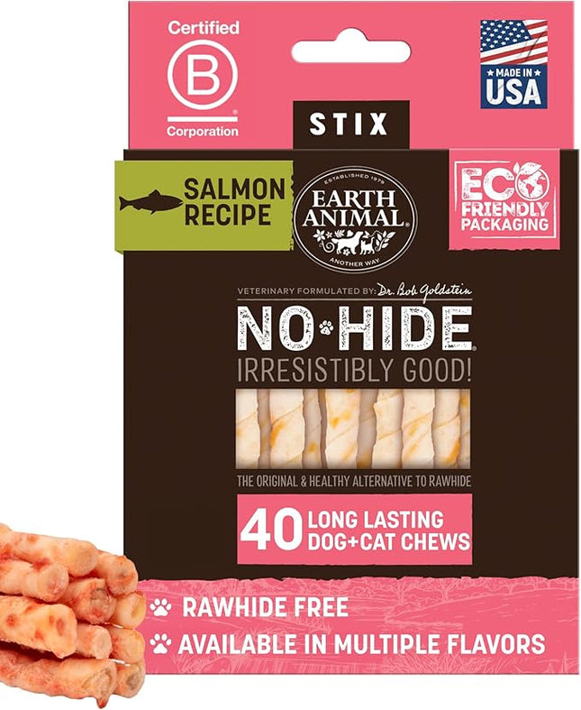 Earth Animal No Hide Stix - Long Lasting Rawhide Free Small Dog Chews Sticks, Salmon - 40 Count Extra Value Pack