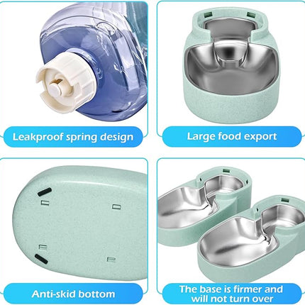 Automatic Cat Feeder and Water Dispenser with Stainless Steel Bowl Gravity Food Feeder and Waterer Set for Small Medium Dog Puppy Kitten 1 Gallon x 2(Green)