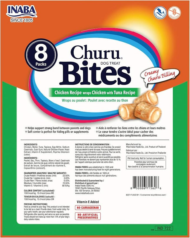 INABA Churu Bites for Dogs, Soft & Chewy Dog Treats with Vitamin E, 0.42 Ounces Each Tube, 64 Tubes Total (8 Tubes per Pack), Chicken with Tuna Recipe