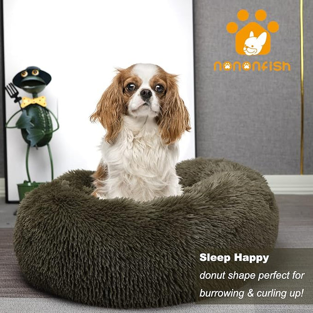 Calming Donut Dog Bed for Small Medium Dogs - 23 Inch Green Anti-Anxiety Washable Fuzzy Bed Fits up to 15 lbs