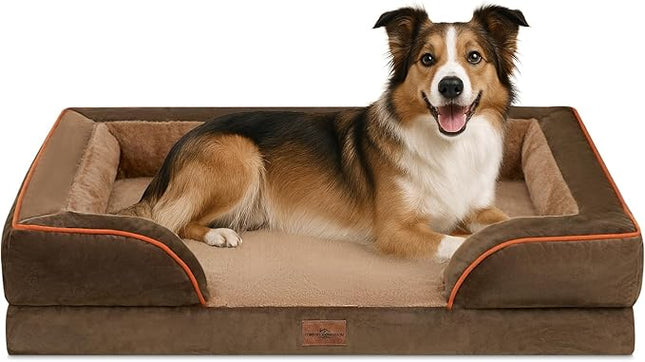 Comfort Expression Orthopedic Dog Bed for Large Dogs 38x25 Inch, Waterproof Supportive Egg Crate Foam Large Pet Bed with Removable Bolsters, Dog Couch with Washable Cover & Non-Slip Bottom, Brown