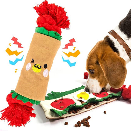 Dog Puzzle Snuffle Mat Toys, Squeaky Enrichment Rope Crinkle Treat Dispensing Tug Toy for Small Medium Large Dog, Boredom and Mental Stimulation Toy, Burrito