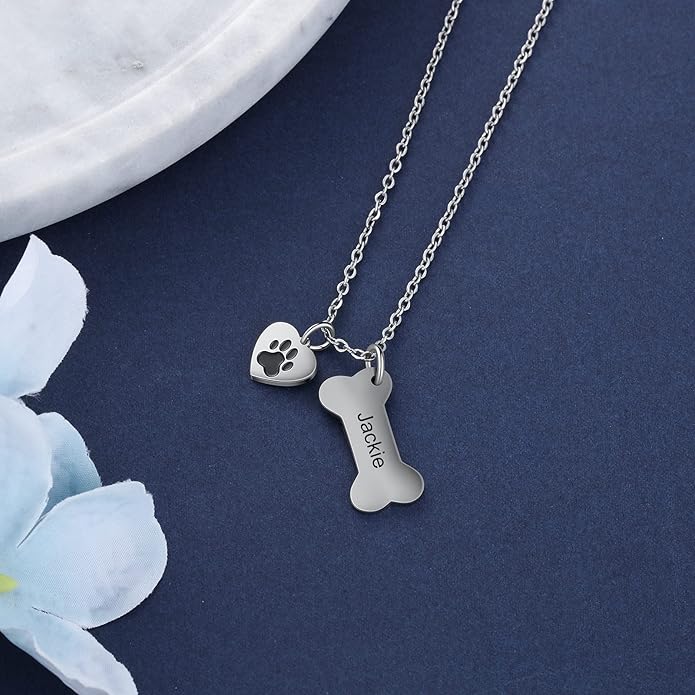 Customized Paw Print Necklace Personalized Pet Name Necklace Custom Engraved Dog Cat Paw Pendant Necklace Pet Memorial Gift for Pet Lovers