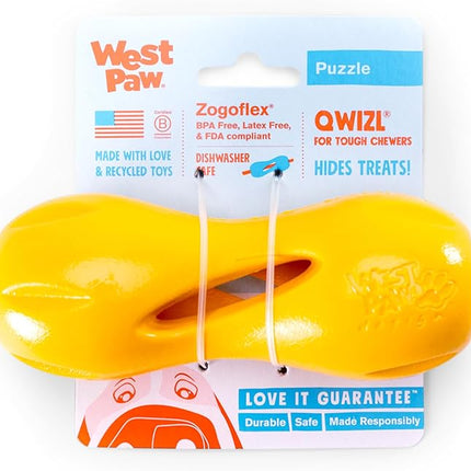 West Paw Qwizl Treat Dispensing Dog Toy for Tough Chewers- Durable Long Lasting Chew and Fetch Toy Keeps Dogs Engaged- Dishwasher Safe Safe Materials Made in USA - Sunflower Yellow, Small