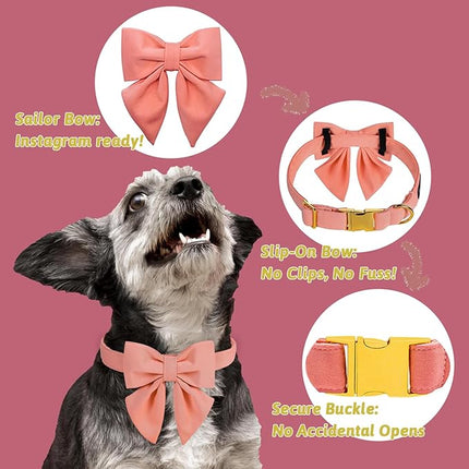 Maca Bates Candy Pink Dog Collar with Cute Solid Sailor Bow Tie for Small Girl Boy Dogs,Girly Adjustbale Durable Breakaway Soft Collars with Bowtie for Female Male Puppy,Pet with Metal Buckle