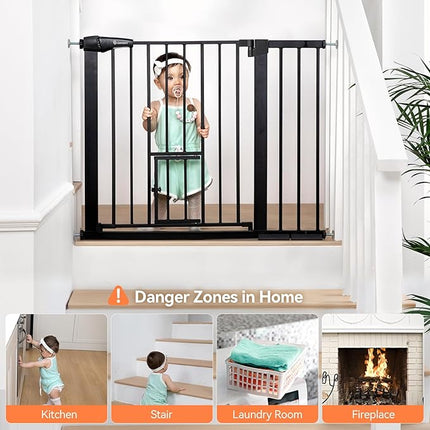 COMOMY Auto Close Baby Gate with Cat Door, 29.5"-40.5" Extra Wide Dog Gate for House Doorways Stairs, Pressure Mounted Easy Walk Thru Pet Gate, Includes 4 Wall Cups and 2 Extension Pieces, Black