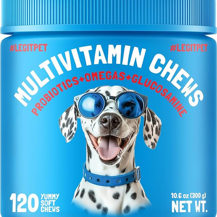Dog Vitamins - 120 Multivitamins Chews w/Glucosamine Chondroitin, Probiotics Digestive Enzymes and Omegas - Supplement for Overall Health - Joint Support, Immune Health, Skin and Heart Health