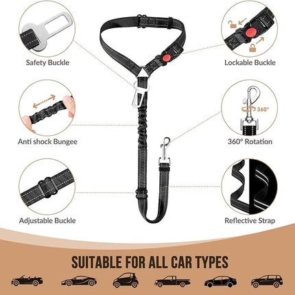 Lukovee Dog Car Seat Belt, 2 Pack Headrest Restraint Seatbelt, Adjustable Pet Safety Leads with Reflective Elastic Bungee for Dog Harness Collar Travel Daily Use (Black,Small, Headrest+Clip)