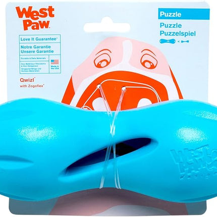 West Paw Zogoflex Qwizl Interactive Treat Dispensing Dog Puzzle Treat Toy for Dogs, 100% Guaranteed Tough, It Floats!, Made in USA, Large, Aqua Blue