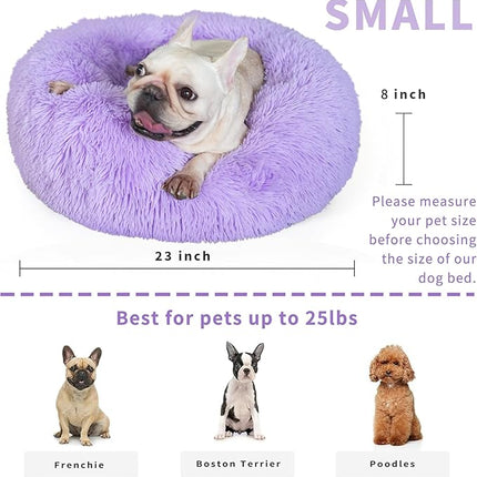Purple Dog Bed Medium Size Dog 23 Inch Anti-Anxiety Donut Dog Cuddler Bed, Warming Cozy Soft Fluffy Faux Fur Plush