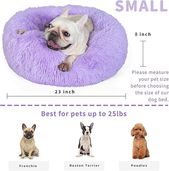 Purple Dog Bed Medium Size Dog 23 Inch Anti-Anxiety Donut Dog Cuddler Bed, Warming Cozy Soft Fluffy Faux Fur Plush