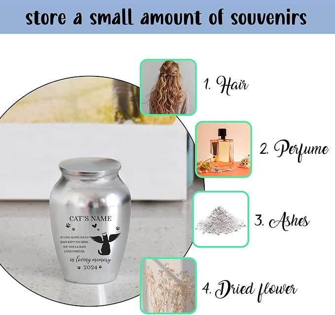 Artsy Woodsy Personalized Pet Memorial Cat Mini Urns - Stainless Steel Decorative Keepsake Urns for Ashes 2.56x1.77 inch - Gifts for Cat Mom Dad Lovers Accessories in Loving Memory Loss (02)