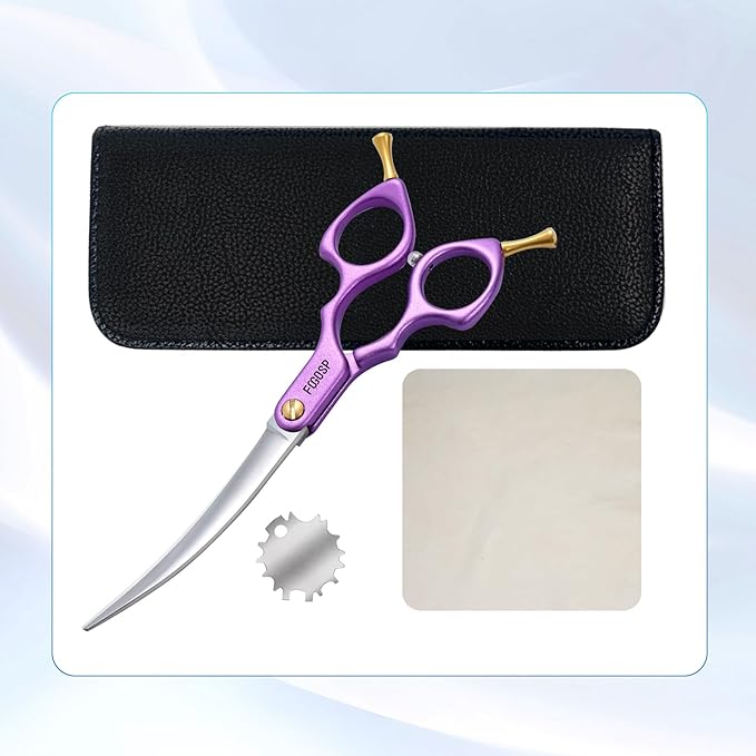 Professional Curved Dog Grooming Scissors with Sharper Self Grinding lightweight and finely trimmed split structure 6.5'' Japan VG10 63HRC for small dogs cat pet(Purple)