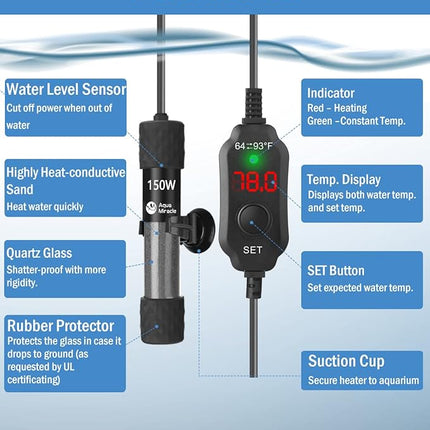 AquaMiracle Adjustable 150W Aquarium Heater Submersible Fish Tank Heater Super Short Aquarium Heater with LED Digital Display Thermostat, for Tanks 15-30 Gallons