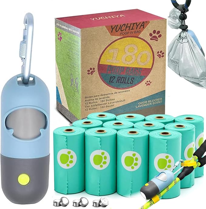 Dog Poop Bags Holder with LED Flashlight|Pet Waste Bags Dispenser for Leash|Doggie Potty Bags Container with Leak-proof Pet Trash Bags and Accessories (1 Holder 195 Bags, Sky Blue)