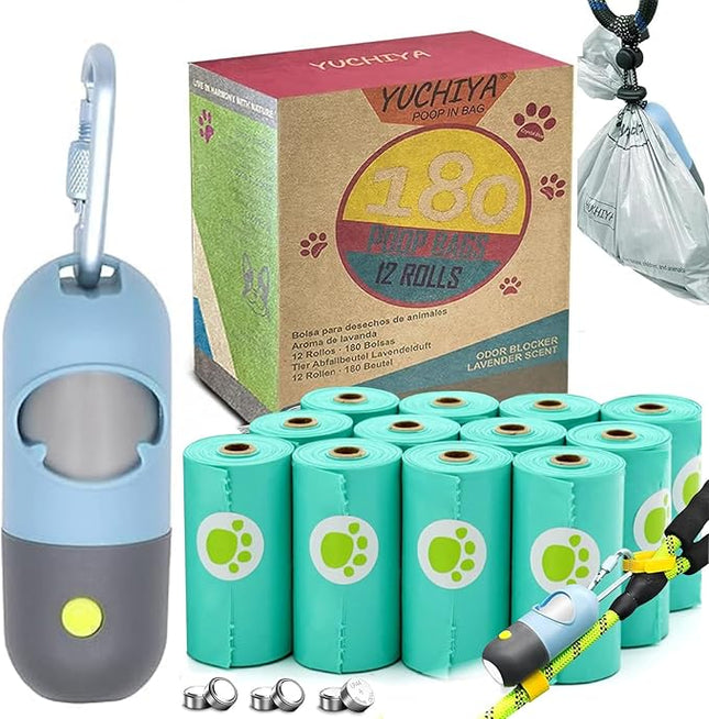 Dog Poop Bags Holder with LED Flashlight|Pet Waste Bags Dispenser for Leash|Doggie Potty Bags Container with Leak-proof Pet Trash Bags and Accessories (1 Holder 195 Bags, Sky Blue)