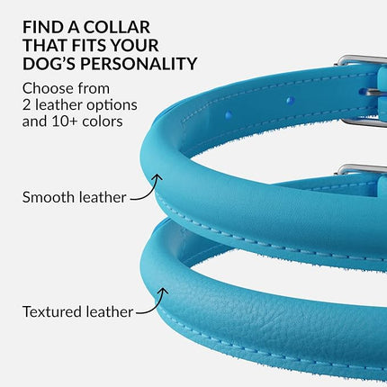 CollarDirect Rolled Leather Dog Collar, Soft Padded Round Puppy Collar, Handmade Genuine Leather Collar Dog Small Large Cat Collars 13 Colors (11-14 Inch, Light Blue)