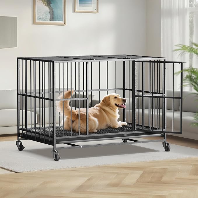 48/42/38 Inch Heavy Duty Dog Crate Steel Escape Proof, Indoor Double Door High Anxiety Cage, Removable Tray, Kennel with Wheels,XL XXL