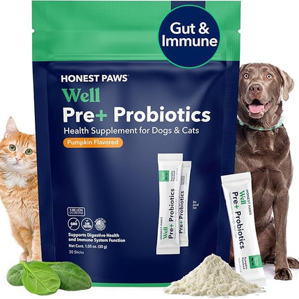 Honest Paws Probiotics for Dogs - Dog Digestion Gut Health Probiotic Powder with Prebiotic Made in The USA, Digestive and Immune Support - Digestive Enzymes with Pumpkin Flavor (30 Sticks)