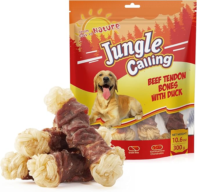 Jungle Calling Beef Tendons for Dogs, Duck Wrapped Tendons Dog Chews Long Lasting Hip and Joint Supplement for Dogs with Glucosamine (Knotted Bone)