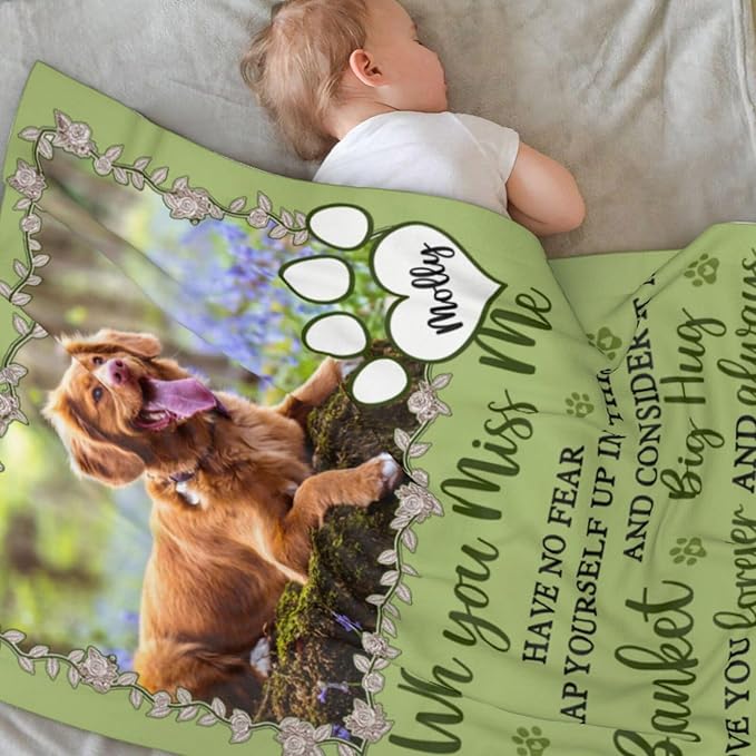 Custom Pet Memorial Blanket with Photo,Personalized Dog/Cat Loss Sympathy Gift,Pet Loss Bereavement Remembrance Gifts,Flannel Throw Blanket with Pictures (Light Green)