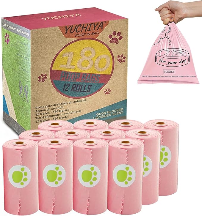 Dog Poop Bags Holder with LED Flashlight|Pet Waste Bags Dispenser for Leash|Doggie Potty Bags Container with Leak-proof Pet Trash Bags and Accessories (1 Holder 195 Bags, Pink)