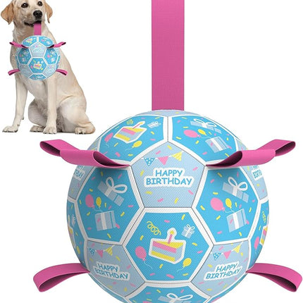 QDAN Dog Birthday Toys, Soccer Ball for Dogs with Straps, Dog Ball Toy, Puppy Birthday Gifts, Durable Herding Balls for Medium Large Dogs (8 inch)