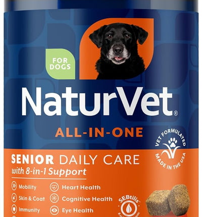 NaturVet All-in-One Senior Dog Daily Care Supplement, 8-in-1 Support Dog Soft Chews for Mobility, Skin, Heart, Teeth, Cognition, Eyes, Hickory Smoked Bacon Flavored Pet Supplement for Dogs, 60 Count
