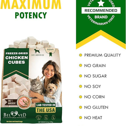 Beloved Pets Dog & Cat Treats Freeze Dried Chicken Cubes 5.3 oz - All Natural Meat Raw Pet Food - Human Grade High-Protein Snacks & Grain-Free Jerky Chews for Cats and Small Dogs