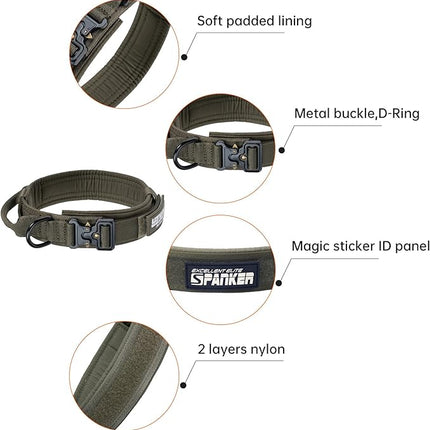 EXCELLENT ELITE SPANKER Tactical Dog Collar Nylon Adjustable Training Collar Military Dog Collar Heavy Duty Metal Buckle with Control Handle for Medium and Large Dogs with Patches(Ranger Green-M)