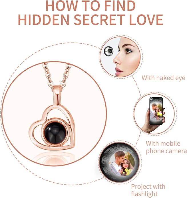 Easycosy Personalized Picture Necklace Projection Necklace with Photo Inside - Custom Photo Heart Pendant Necklace - Photo Gifts Valentines Birthday Love Memorial Gifts for Girlfriend Wife Women
