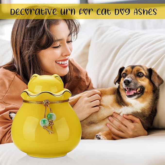 SOITIS Engraving Customized Pet Memorial Urn for Cat or Dog Ashes - 3.54"x3.15" Elegant Ceramic Keepsake Holder with Cat-Shaped Lid & Gold Trim, Small Yellow Urn for Pet Ashes