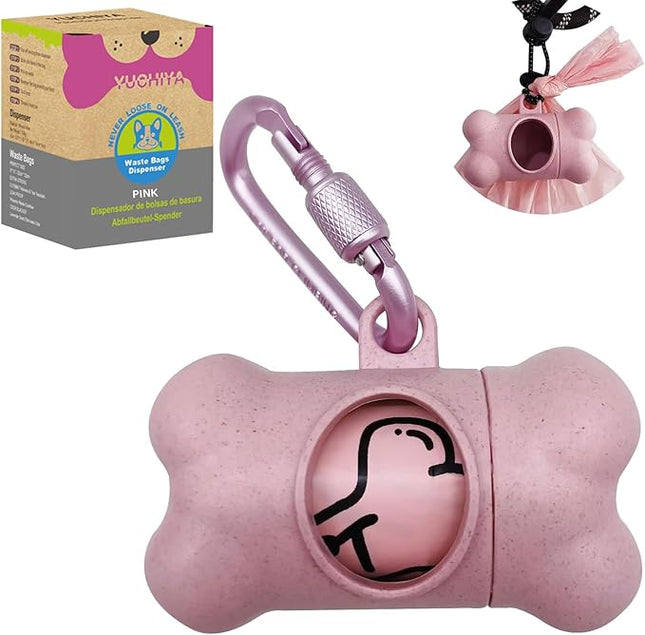 Dog Poop Pickup Bags Holder Dispenser with 1 Roll Random Color Leak-proof Scented Doggy Waste Bags and Carabiner with Safety Lock Plus Hook and Loop Fastener Never Loose on Leash Lead Again (Pink)