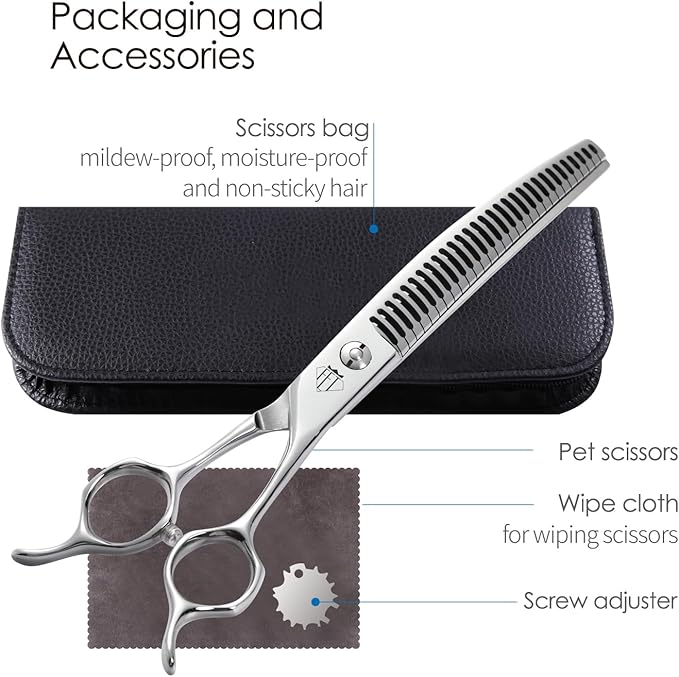 Professional Dog Grooming Scissors, 85% Thinning Rate, 25° Curved Blade, JP440C Steel, 7.0" Ergonomic Handle