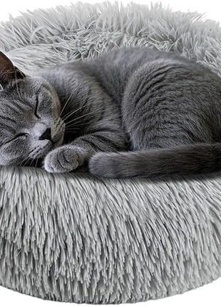 Cat Bed - Calming Cat Bed for Small Kittens Donut Washable Round for Indoor Kittens and Puppies, Anti-Slip Round Fluffy Plush Faux Fur, Small, Light Grey