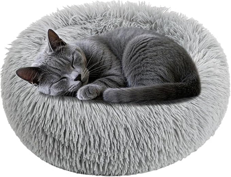 Cat Bed - Calming Cat Bed for Small Kittens Donut Washable Round for Indoor Kittens and Puppies, Anti-Slip Round Fluffy Plush Faux Fur, Small, Light Grey