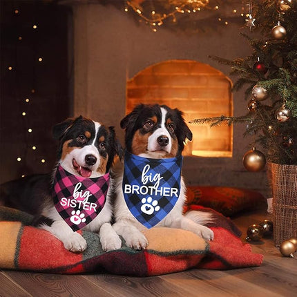 Big Brother Big Sister Dog Bandana, Plaid Pregnancy Announcement Dog Bandanas for Dogs (Blue and Pink, Big Brother and Big Sister)