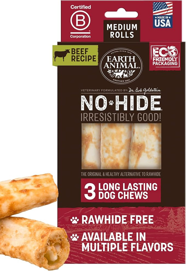 Earth Animal No Hide Chews - Long Lasting Rawhide Free Medium Dog Chews Rolls, Beef - 3 Count Value Pack