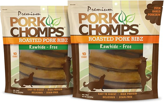 Pork Chomps Roasted Pork Skin Dog Chews, 6-inch Rib Shapes, 10 Count (Pack of 2)