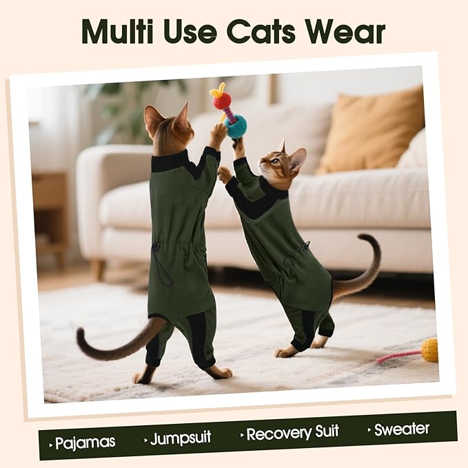 DENTRUN Cat Clothes with Anti-Shedding Fabric - Soft Recovery Suit & Breathable Lint-Resistant Cat Sweater for Wound Care & Hair Control, Kitten Onesie Pajamas, XS, Army Green