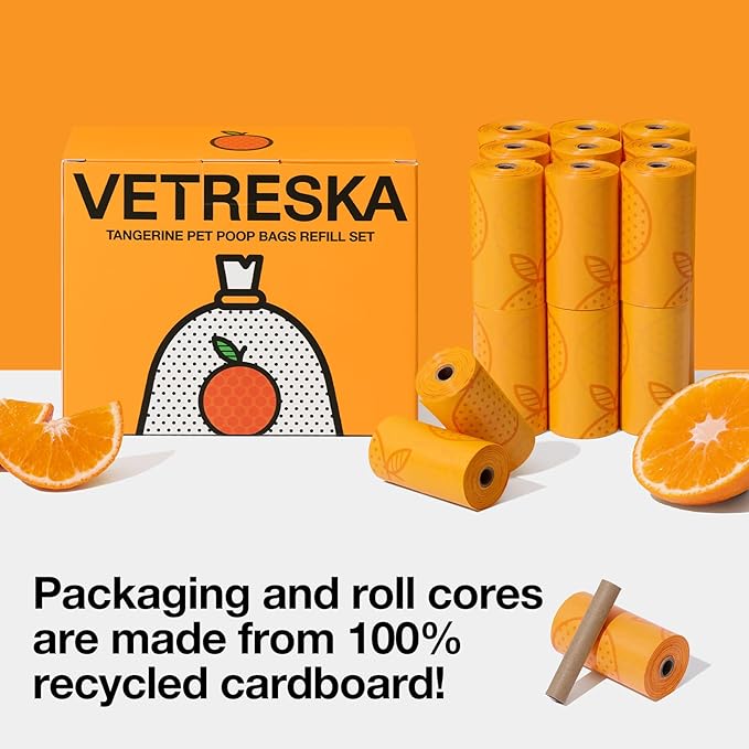 VETRESKA Citrus Scented Dog Poop Bags, Leak Proof, Extra Thick and Large Pet Waste Bags for Dogs Walking, Cat Litter and Babies' Diaper, 300 Count Bags (20 Refill Rolls), Orange