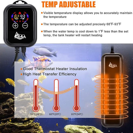 AQQA 1200W Submersible Aquarium Heater for Fish Tank 150-300 Gallon Aquarium Digital Thermostat Pond Heater with Overheating & Dry-Run Protection for Freshwater and Saltwater, Temperature Range 59-93℉