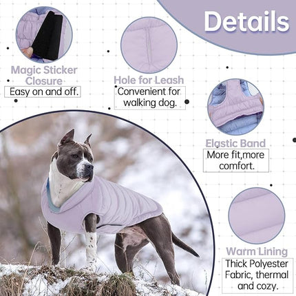 Lelepet Reversible Dog Coat Waterproof Dog Jacket Windproof Puffer Vest for Winter Warm Lightweight Coats for Large Dogs Adjustbale Hook & Loop Pet Apparel with Leash Hole, Pitbull, Purple, XL