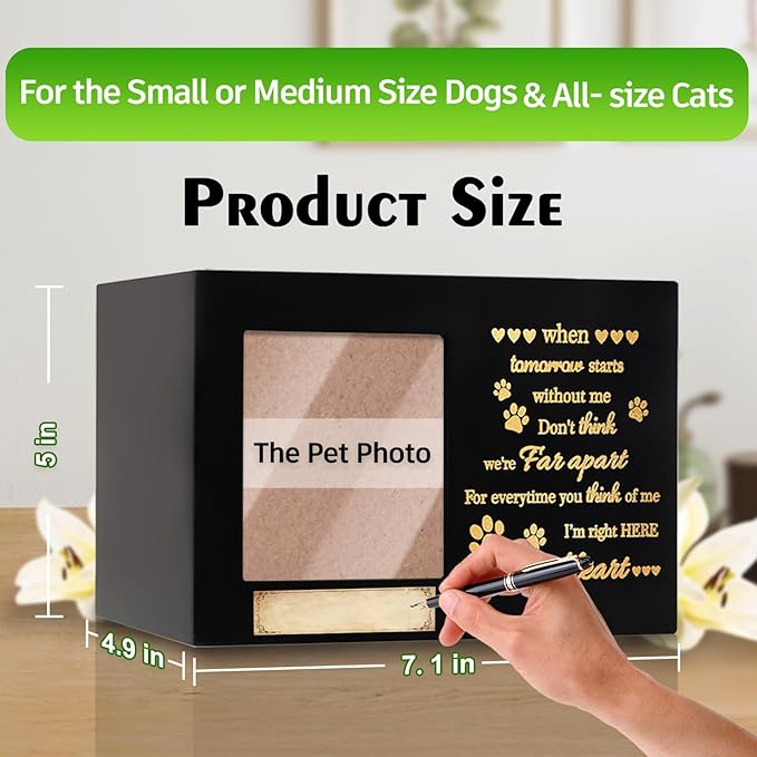 Waterproof Wooden Memorial Pet Keepsake Urn,Crafted Pet Urns for Dog or Cat,Pet Ashes Box with Photo Frame,Poem,Personalized Name Tag&Blank Condolence Card,Flannel Bag Pet Sympathy Remembrance Gift