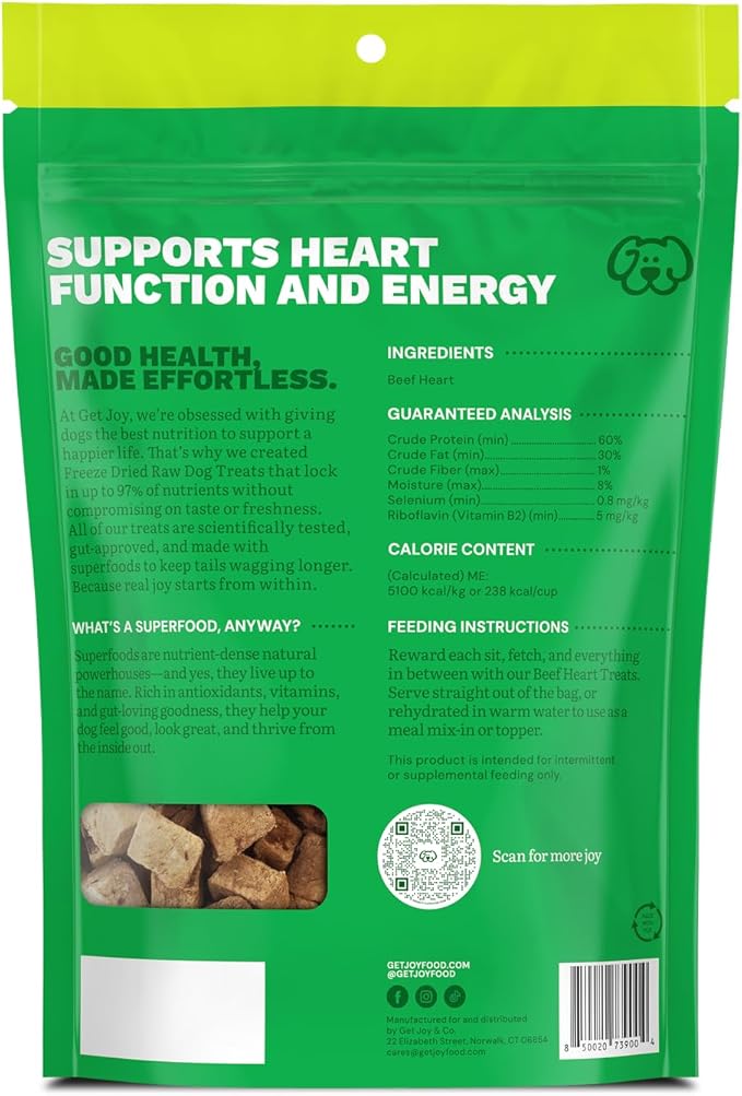 Get Joy Freeze Dried 100% Beef Heart Dog Treats, 4oz | Single Ingredient Organ Meat, High Protein Raw Dog Food Topper, Snack & Training Rewards | Grain Free, Gluten Free, Filler Free
